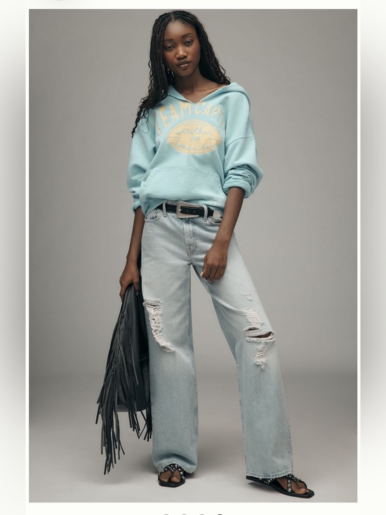 MOTHER Denim - MOTHER Light Blue Distressed Wide-Leg Jeans The Spinner Zip Sneak